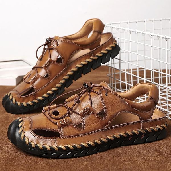 

summer 2020 new arrivals mens sandals genuine leather shoes beach large sizes 48 sandalhas holes breathable sandalia masculina1, Black