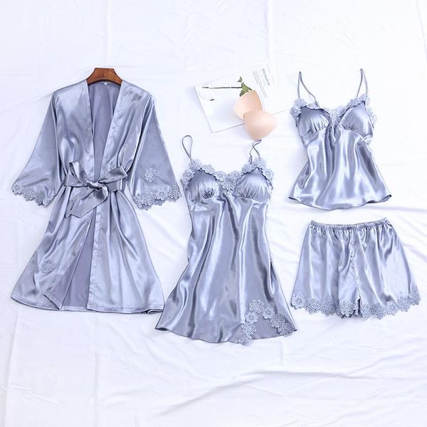 

satin 4pcs robe suit women spaghetti strap casual sleepwear lace patchwork intimate homewear silky nightwear female gowns, Black;red