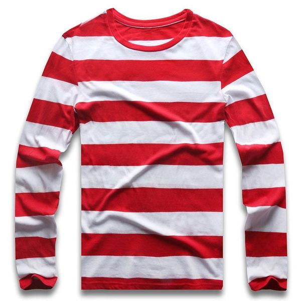 

красный белый полосатый с длинным рукавом футболки tees для мужчин круглые шеи красочные черные белые полосы мужчин вскользь, Black
