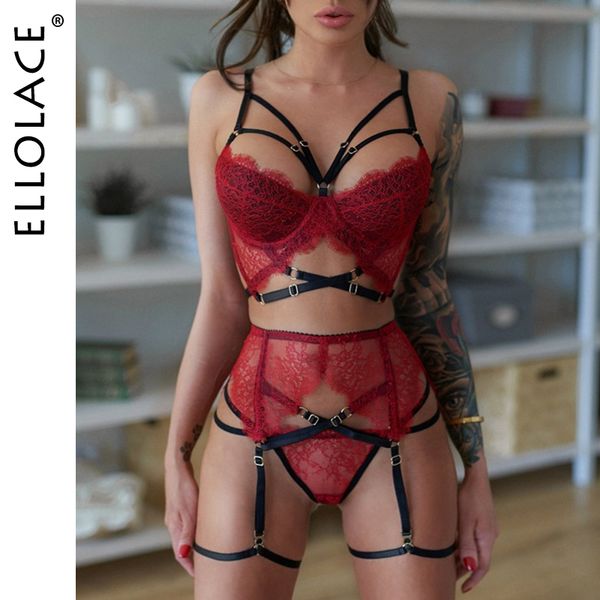 

ellolace lingerie women's underwear set bra underwear goth lingerie 3 piece set brassiere erotic lingerie female bra set c1114, Red;black
