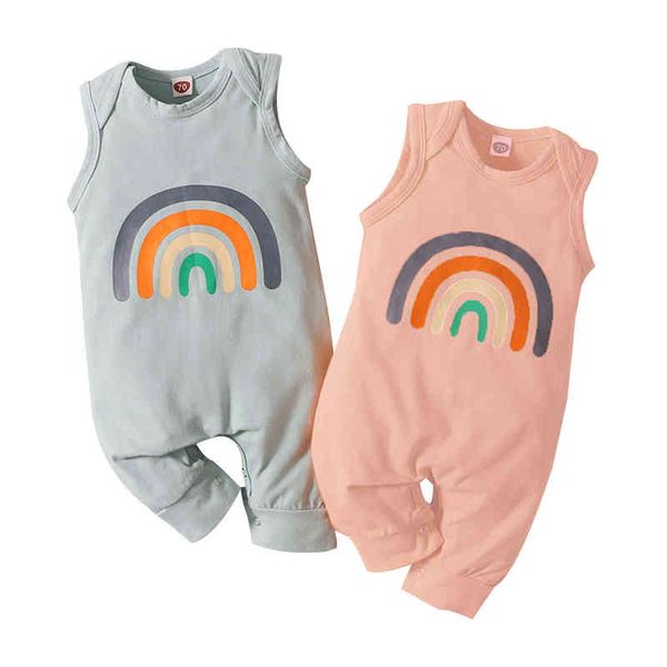 

2021-05-12 lioraitiin 0-18m infant baby boy girl sleeveless jumpsuit rainbow pattern print loose fit ribbed closure clothing g220223, Blue