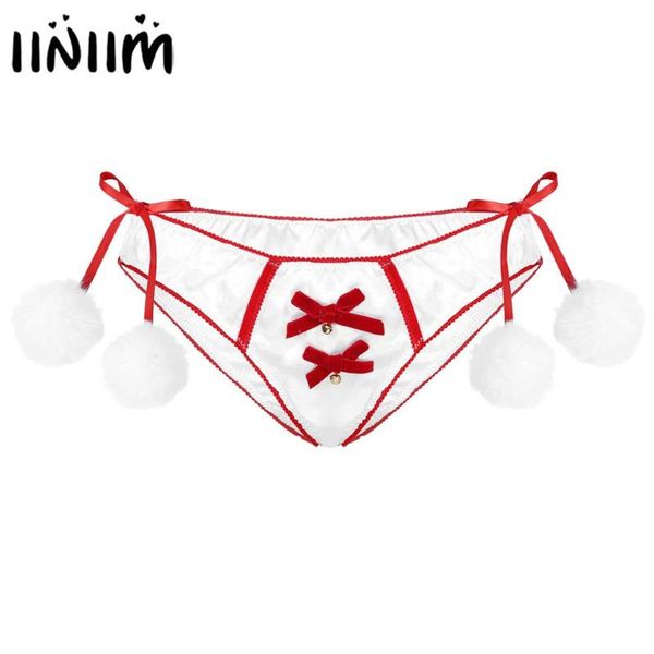 

womens ladies christmas satin lingerie panties briefs thong underwear front bowknot bell side fuzzy ball decor underwear, Black;pink
