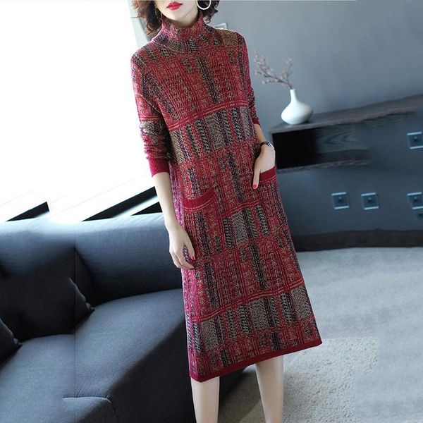 

2020 autumn and winter new women's fashion high neck long sleeve knitted dress mid-length knee-length sweater dress maroon, Black;gray