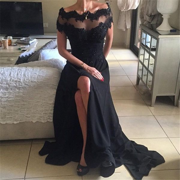 

custom made short sleeves side split lace evening dresses with beaded appliques sweep train chiffon formal prom party gowns, Black;red