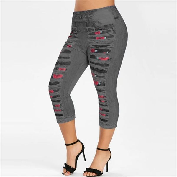 

3d print fake jeans leggings women plus size high waist imitation denim trousers capri casual workout sports pants 2020, Black