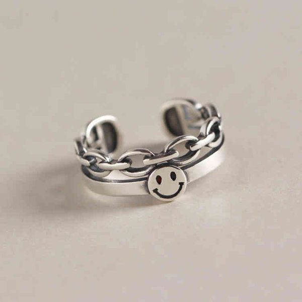 

band ancient silver color multi chains happy smile face open ring for women simple cute geometric smiley faces adjustable rings a835