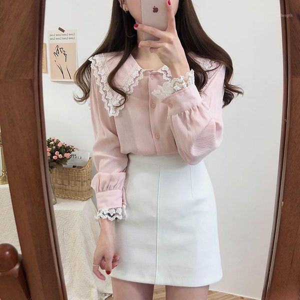 

2020 new arrivals early autumn blouse shirt korean chic large lace collar long-sleeved single breasted blusas fashion fall1, White
