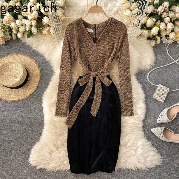 

casual dresses gagarich women dress 2021 winter autumn korean temperament bright silk stitching contrasted designed v-neck ladies vestidos1, Black;gray