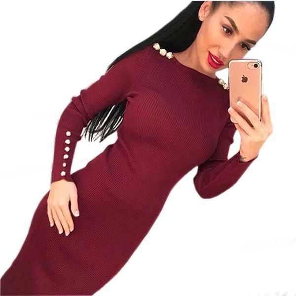 

fashion women bodycon dress autumn winter knitted midi dress robe solid package hip long sleeve dresses ribbed party lj201114, Black;gray