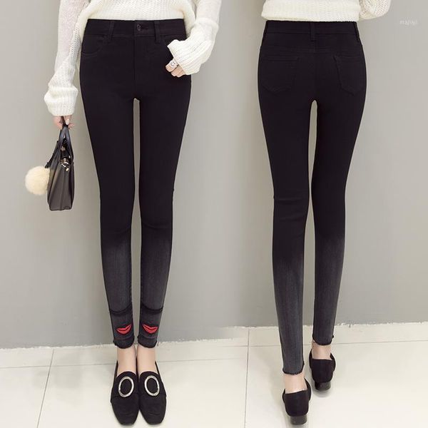 

women's jeans 2021 gradient color embroidery pattern pencil pants women elastic skinny female sweet high waist black pants1, Blue