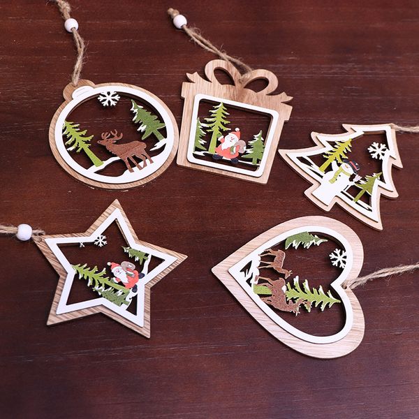 

carved christmas ornaments wooden christmas tree window pendants five-pointed star bells three-dimensional ornaments dropshipping f7001