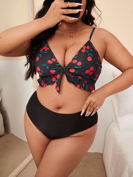 

plus cherry print frill trim high waisted bikini swimsuit o1js#, Black
