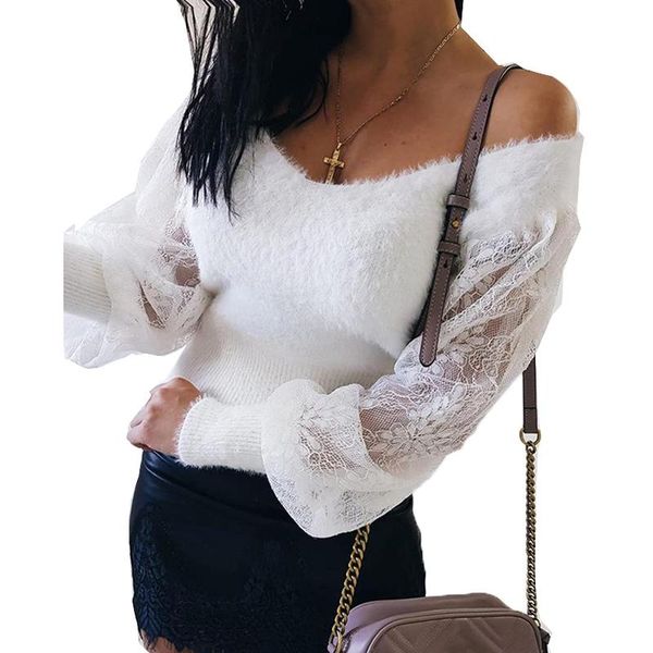

women one shoulder casual loose lace see through sweater 2020 korean ladies winter fall white pullover sj7152x, White;black