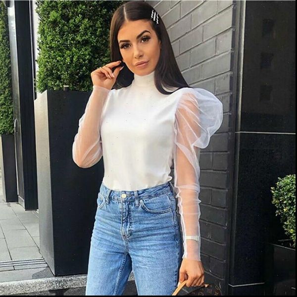 

women sheer mesh long puff sleeve turtle neck blouse fashion summer for women, White
