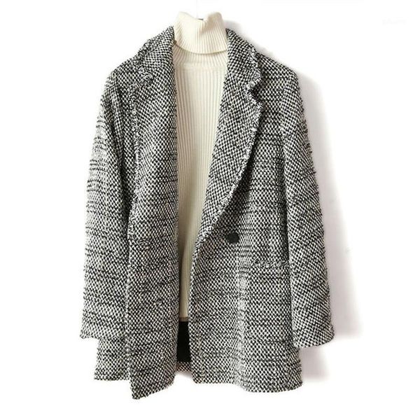 

french style plaid tweed loose double-breasted suit collar woolen coat women 2020 autumn and winter casual new fashion coat b2491, Black