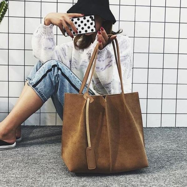 

women suede handbags soft leather women bag 2pcs handbags set female shoulder bags large casual tote bags lw-246