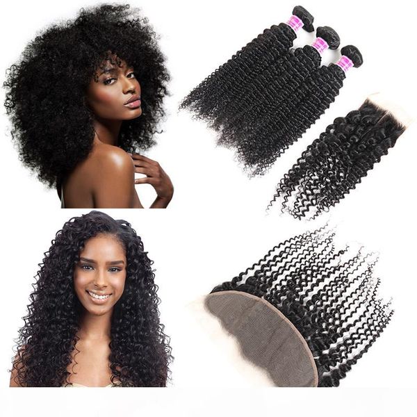 

8a grade brazilian virgin hair kinky curly 3 bundles with lace closure frontal selling peruvian malaysian human hair extensions wefts, Black