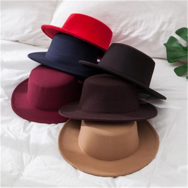 

classic solid color winter fedora hat women men artificial wool vintage hats jazz wide brim church dome derby flat felt hat, Yellow