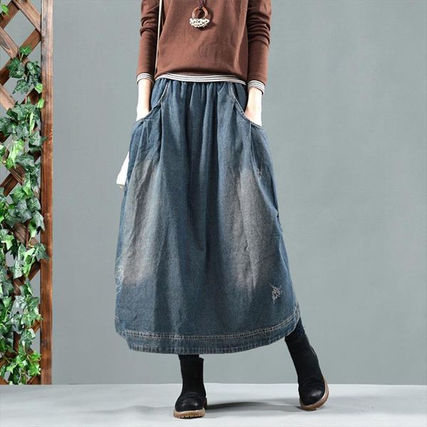 

2019 autumn long denim skirts womens winter vintage washed ripped hole jeans skirts casual elastic waist split pocket skirt blue, Black