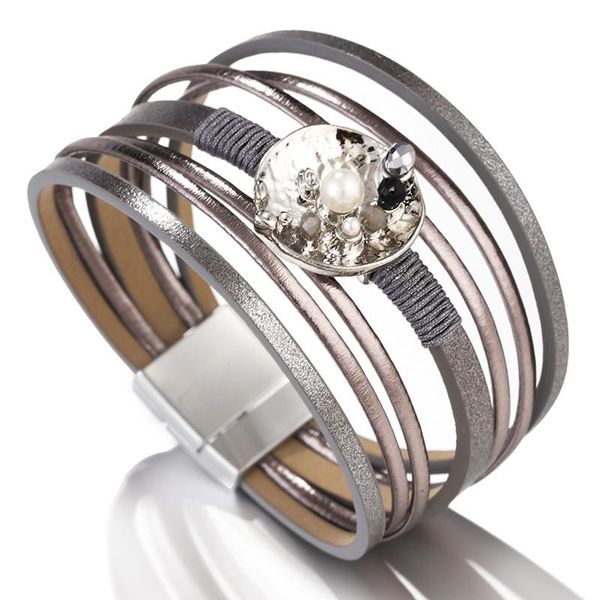 

flashbuy мода металлический шарм жемчужина многослойные кожаные браслеты для женщин круглый сплав кристалл обертывает браслеты бохо женские, Golden;silver