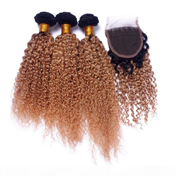 

brazilian human hair virgin unprocessed hair with closure lace closure with bundles honey blonde ombre 1b 27 deep curl for sale, Black;brown