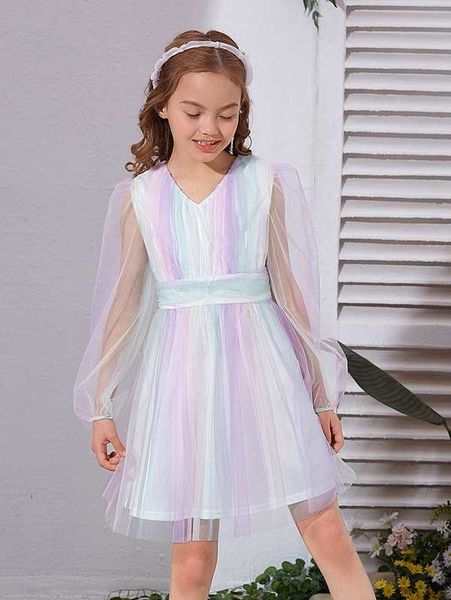 

girls ombre lantern sleeve mesh dress she, Red;yellow