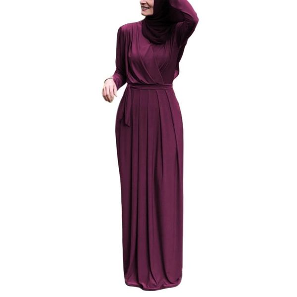 

women muslim long sleeve abaya maxi dress cross ruched v-neck belted high waist pleated robe ramadan dubai hijab kaftan, Black