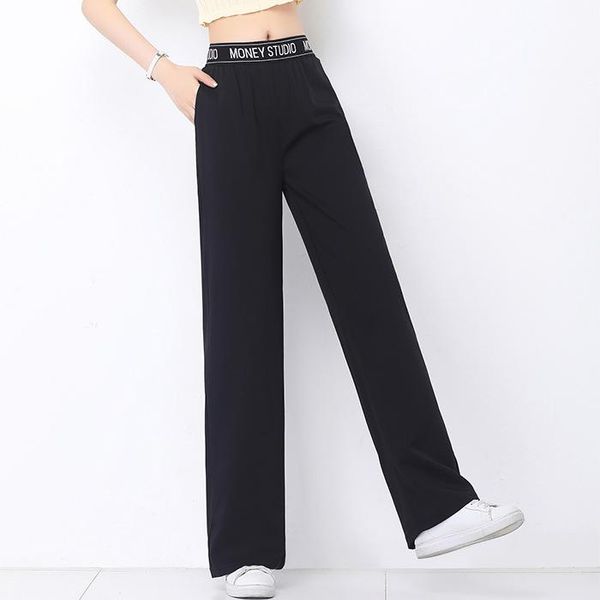 

women's pants & capris sweatpants women spring blue black pure color stretch waist wide leg straight female trousers, Black;white