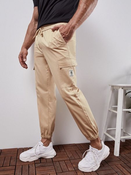 

men letter patched drawstring waist cargo pants v7dp#, Black