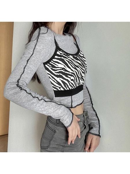 

women fake 2pcs long sleeve t-shirt zebra striped camisole splicing crop m5te, White