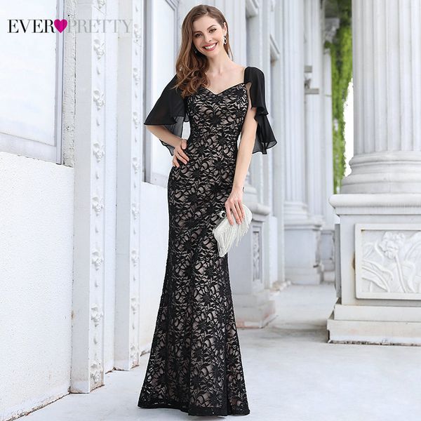 

black evening dresses plus size ever pretty elegant mermaid v neck ruffles sleeve lace long formal gown robe de soiree lj201120, White;black