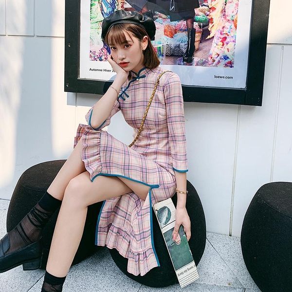 

new and improved cheongsam medium length retro plaid cheongsam skirt1, Red