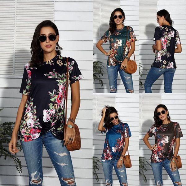 

2020 summer women's t-shirt new european and american flowers printing short sleeve o-neck loose women's 1, White