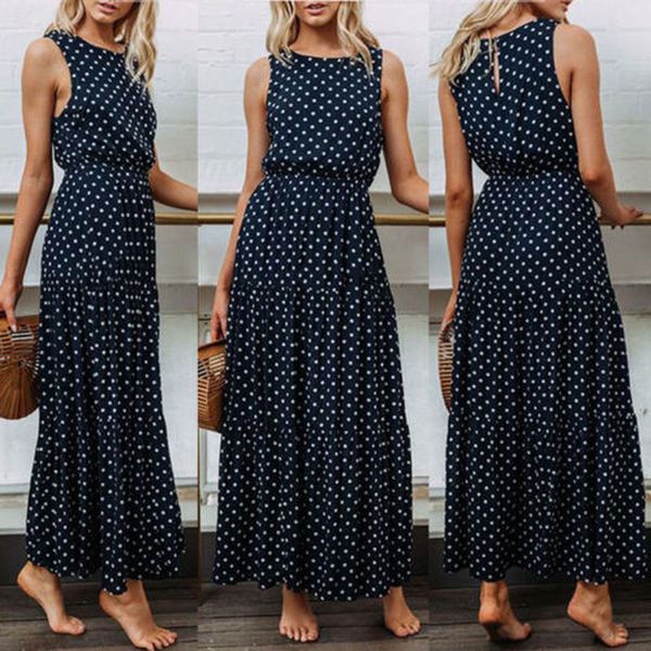

2021 women dark blue loose sleeveless holiday dot print long maxi dress evening party beach dresses summer sundress, Black;gray