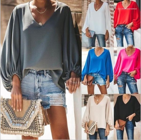 

neck loose 20ss new women clothing plus size women designer tshirts casual lantern sleeve v, White