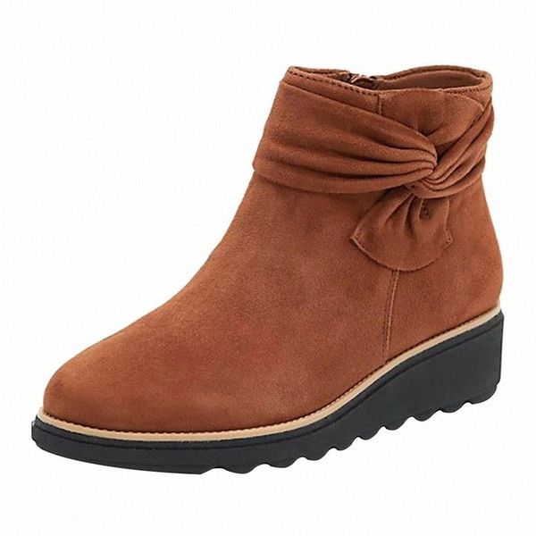 

woman boots mid heel wedges shoes autumn winter wedges platform short boots side zipper bowties ladies female footwear #lb7i, Black