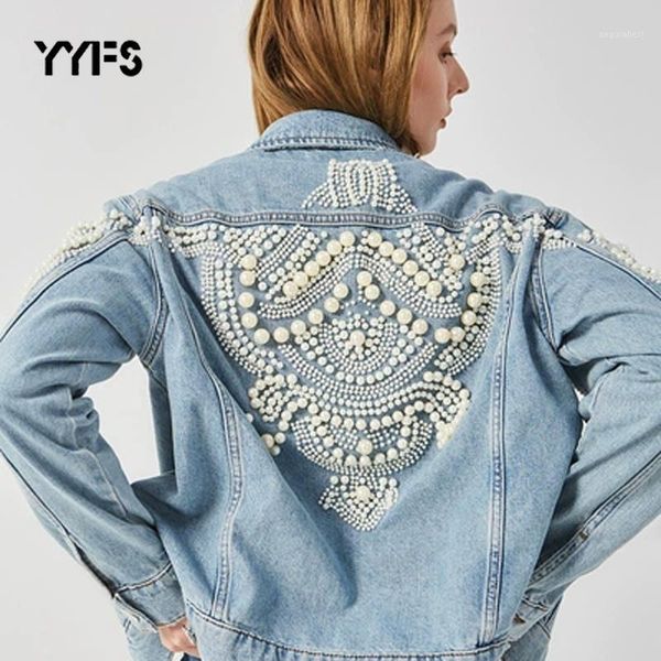 

luxurious embroidery pearl jeans jacket women streetwear denim jacket femme 2020 trend fashionable cotton coat, Black;brown