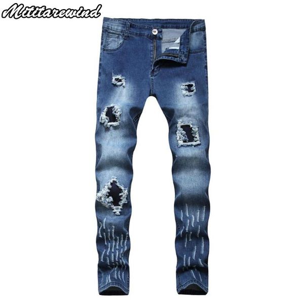 

skinny jeans men high street hip hop hole elastic jeans pants korean casual fashion slim fit destroyed denim hommes 28-40, Blue