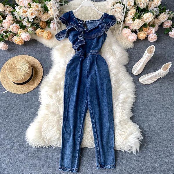 

new fashion women vintage jeans jumpsuits zipper ruffles woman off shoulder denim jumpsuit drop shipping good quality, Black;white