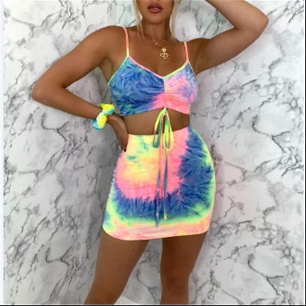 

popular tie dye print bodycon two piece set women 2021 summer sling shirred crop elastic waist mini skirts sets, Gray