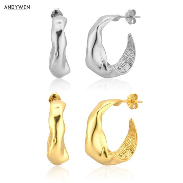 

hoop & huggie andywen 925 sterling silver european 17mm circle hoops loops gold irregular geometric 2021 rock punk jewelry fashion wedding, Golden;silver