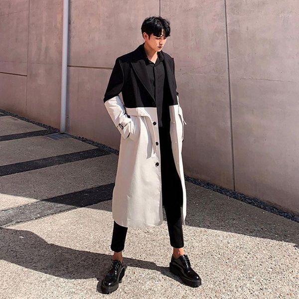 

men black splice white loose casual long trench coat male vintage streetwear belt windbreaker outerwear overcoat jacket1, Tan;black