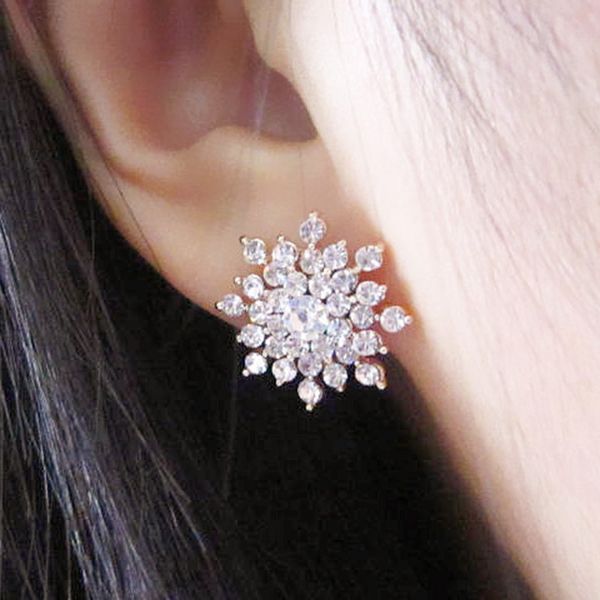 

februaryfrost brand designer snow flower design shine women stud earring romantic wedding bridal earring delicate gift for girl new arrival, Golden;silver