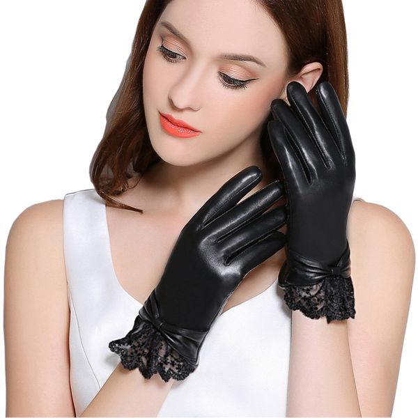

genuine leather women winter plus velvet thicken fashion black wrist lace driving touchscreen sheepskin gloves f8008, Blue;gray