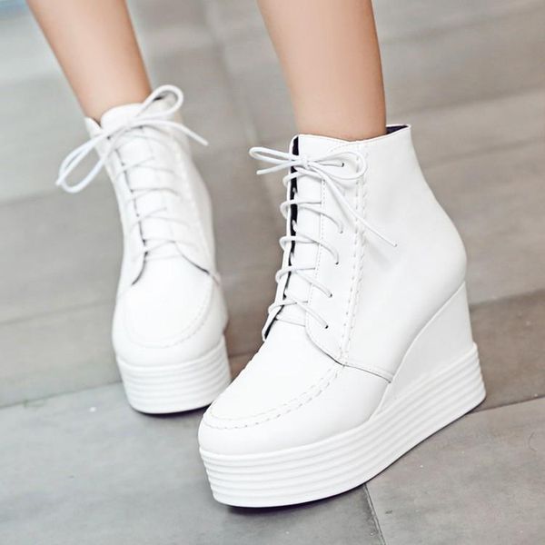 

boots pxelena wedge high heels ankle for women round toe lace up punk gothic creepers female black white plus size 34-43
