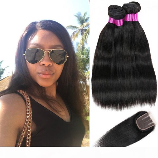 

indian virgin human hair bundles with closure raw indian straight hair weaves 10a human hair lace closure, Black;brown