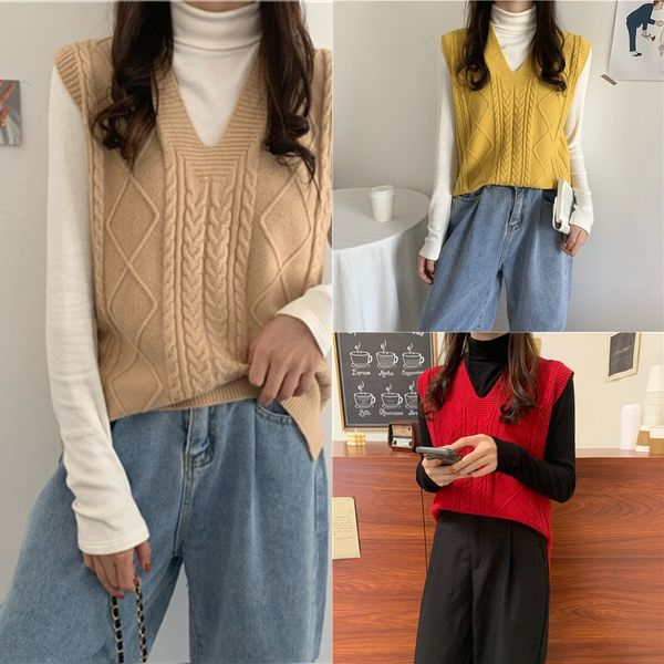 

2020 autumn korean loose and versatile pure color knitted vest female vestvest female vestfor women 845 with short front and long back b, White;black