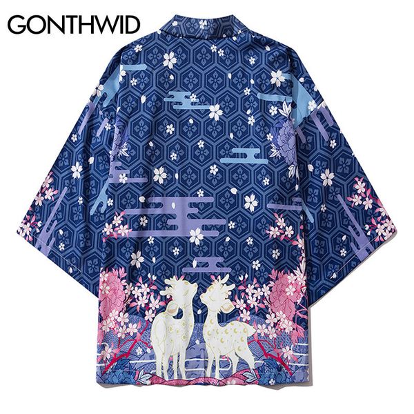 

harajuku deer cherry blossoms flowers print japanese kimono cardigan jacket coats hip hop streetwear casual loose, Black;brown