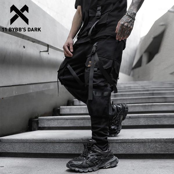 

11 bybb's dark tactical patchwork pockets ribbons cargo pant man harajuku joggers men trousers streetwear hip hop function pants1, Black