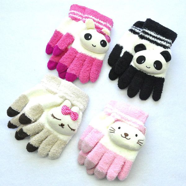 

children kids winter warm thicken boys toddler cute cat rabbit mittens imitation cashmere finger gloves for girls, Blue;gray